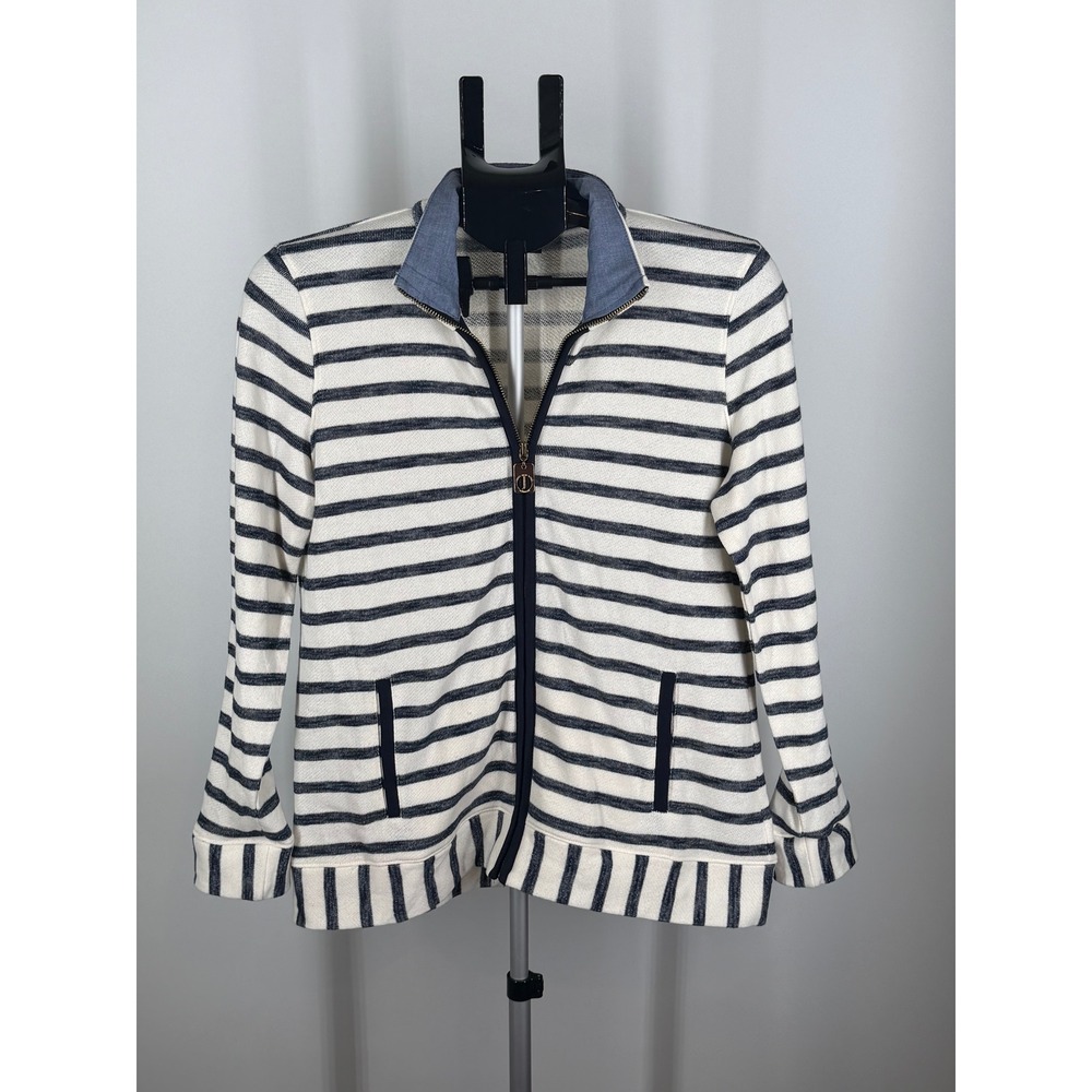 Jones New York Signature Striped Zip Up Cardigan Sweater Navy Cream Petite L